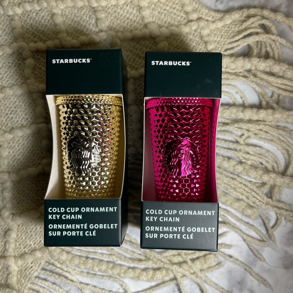 New Starbucks Tumbler Keychain set Gold + Sangria Pink 2022 Holiday Cold Cup ✨
